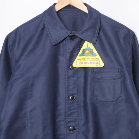 40-50s France Vintage Le Mont Saint Michel Blue Moleskin Work Jacket Dead Stock