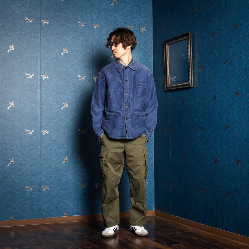 40s Vポケ ブルーモールスキンジャケット 開襟えり 美色 50s 40-50s France Vintage Le Mont St Michel Blue Mo