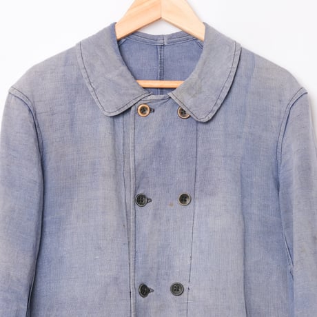 -30s France Vintage  Indigo Linen Double Breasted Work Jacket