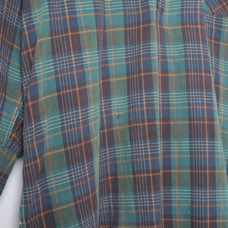 40-50s France Vintage Checked Granpa Shirt Green × Navy Stripes