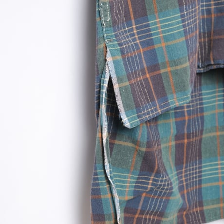 40-50s France Vintage Checked Granpa Shirt Green × Navy Stripes