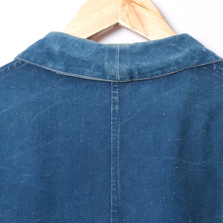 -30s France Vintage Indigo Cotton Linen Work Jacket