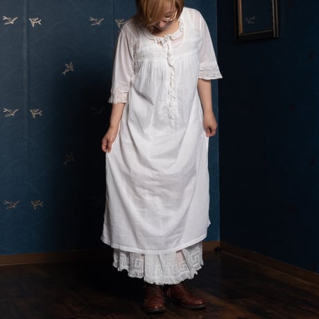 〜1930s French Antique Cotton Lace Short Sleeve Night Dress  1