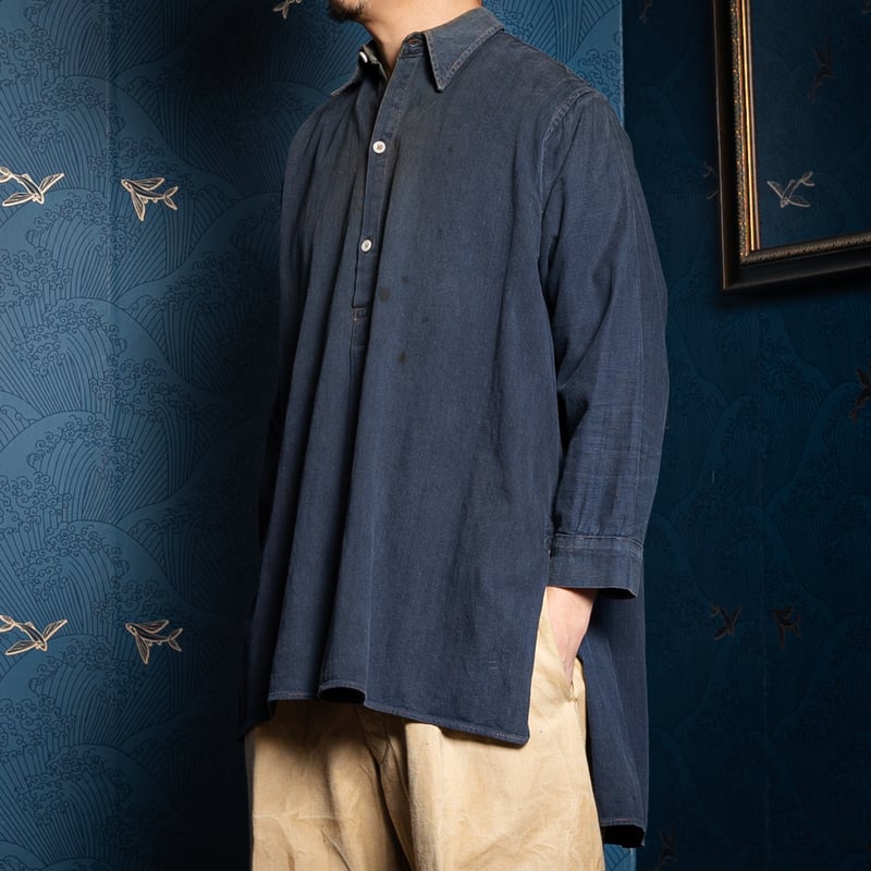 40-50s France Vintage Cotton Granpa Shirt Blue