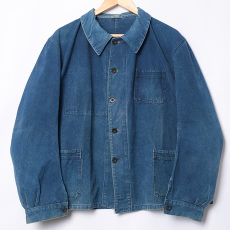 -30s France Vintage Indigo Cotton Linen Work Jacket