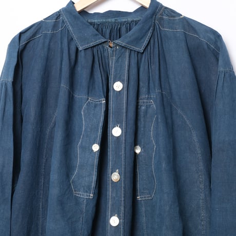 -30s France Antique Indigo linen Biaude (Fullopen)