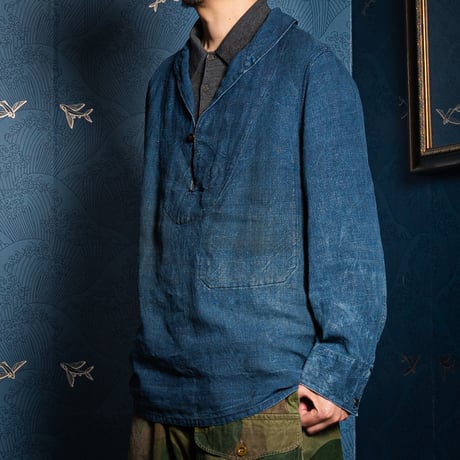 30s Marine Nationales Shawl Collar Indigo Linen Smock