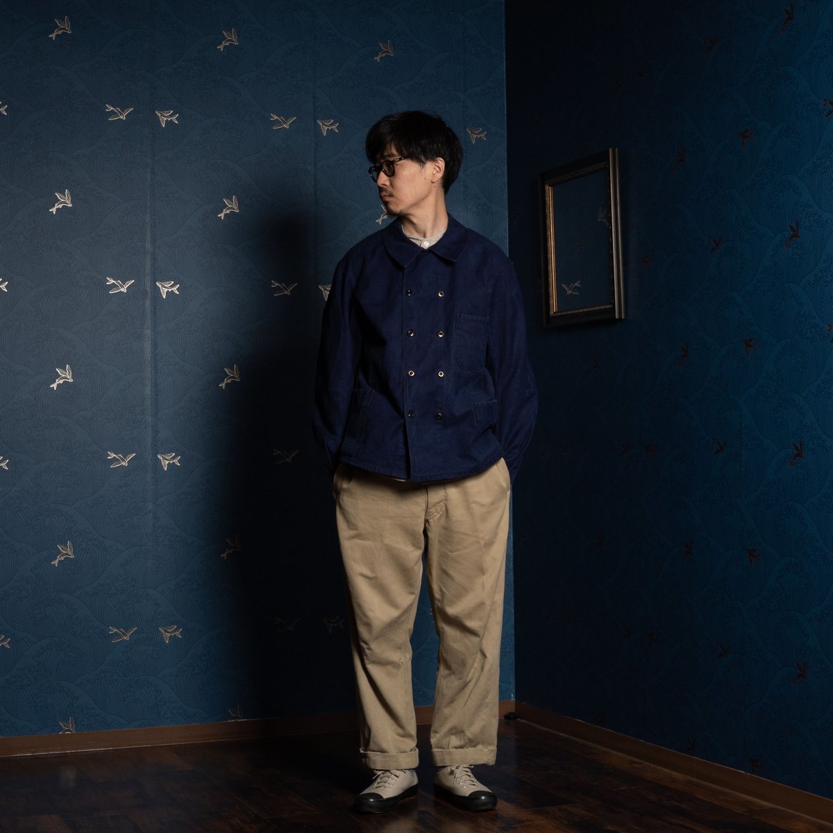 30s-40s France Vintage Blue Cotton Twill Doubl