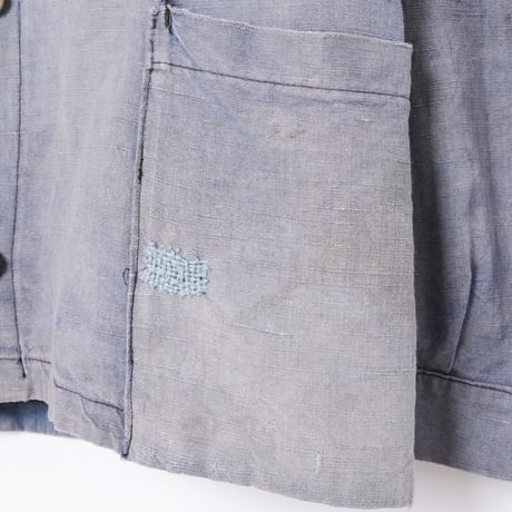 -30s France Vintage  Indigo Linen Double Breasted Work Jacket