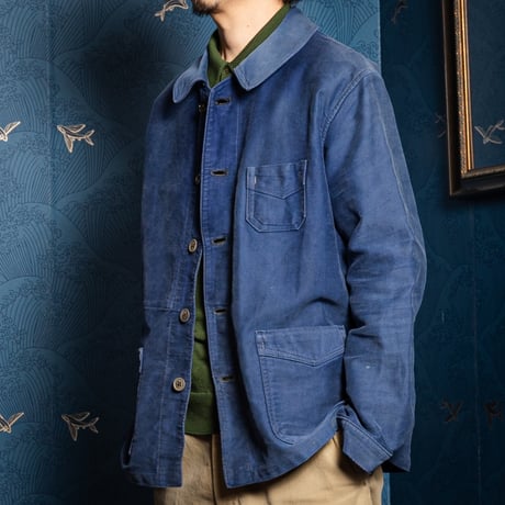 40s France Vintage Paul Passant Blue Moleskin Work Jacket