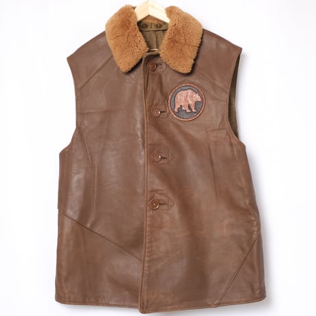 40s British Army Jerkin Leather Vest Boa Collar & Bear Patch Size 2