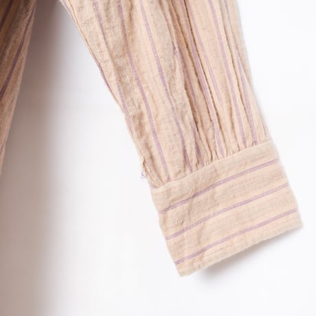 30-40s France Vintage Cotton Stripe Granpa Shirts Purple × Light Blue