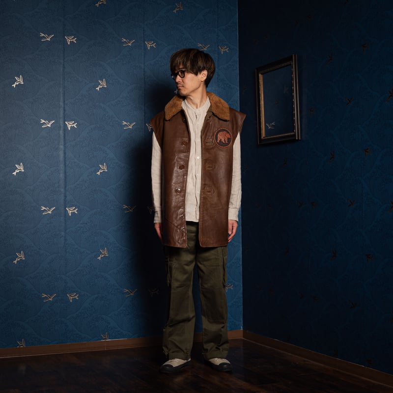 40s British Army Jerkin Leather Vest Boa Collar