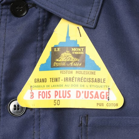 40-50s France Vintage Le Mont Saint Michel Blue Moleskin Work Jacket Dead Stock
