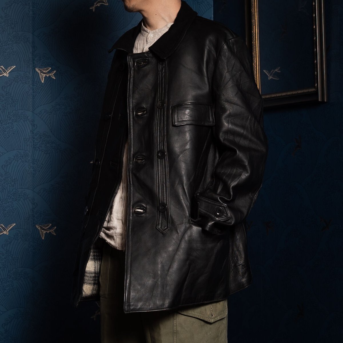 70s France Vintage GVF Leather Jacket Wool Coll