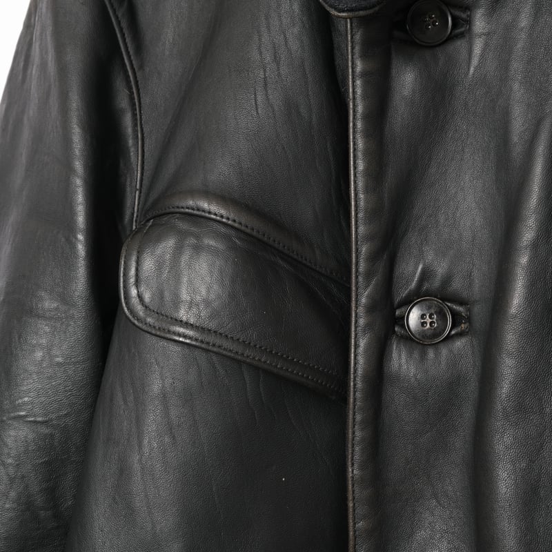 60s France Vintage Leather Jacket Wool Collar(C