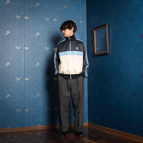 70-80s Vintage adidas Ventex Track Jacket Ivory × Black × Light Blue (Made in France)