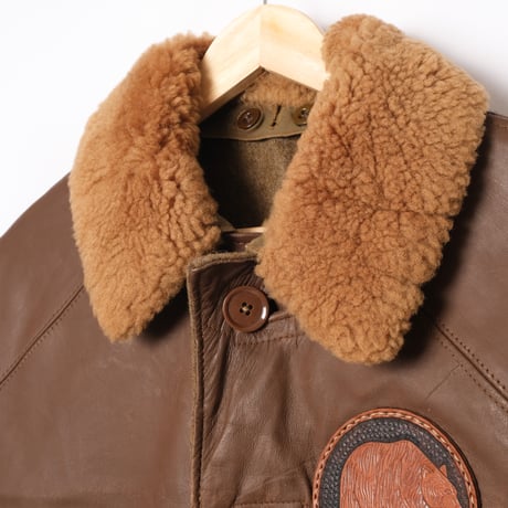 40s British Army Jerkin Leather Vest Boa Collar & Bear Patch Size 2
