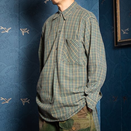 40-50s France Vintage Checked Granpa Shirt Green × Navy