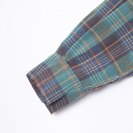 40-50s France Vintage Checked Granpa Shirt Green × Navy Stripes