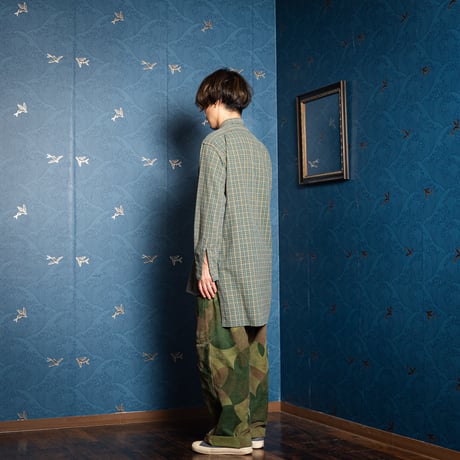 40-50s France Vintage Checked Granpa Shirt Green × Navy