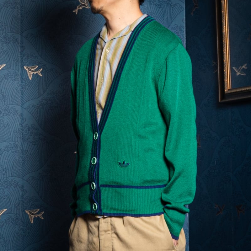 80s Vintage adidas Knit Cardigan Green × Navy |