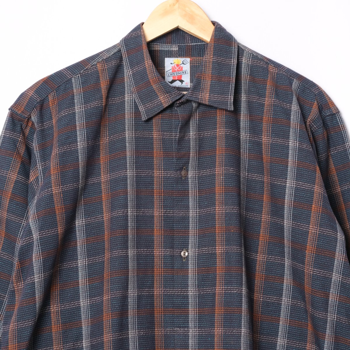 【60s】Euro製 L'Hermine チェック柄 グランパシャツ グリーン 60s】Euro製 L'Hermine チェック柄 グランパシャツ グリーン