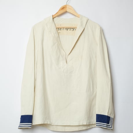 20-30s Marine Nationales Shawl collar Linen Smock（Blue Cuffs)