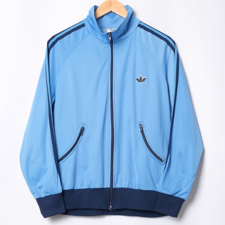 80s Vintage adidas Track Jacket Curve Pocket Light Blue × Navy (Made in Hungaria)