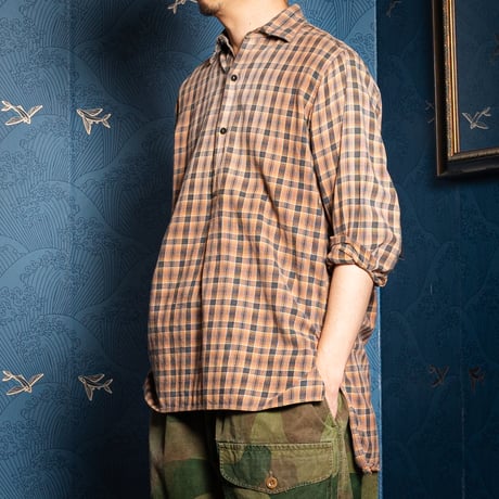 40-50s France Vintage Checked Granpa Shirt Orange × Dark Brown