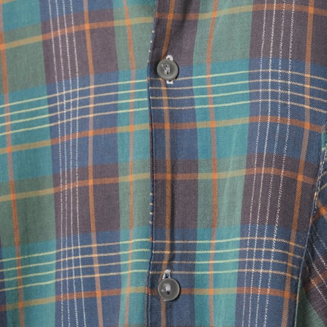 40-50s France Vintage Checked Granpa Shirt Green × Navy Stripes