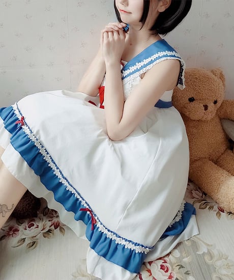 【d.Alice】セーラー襟付 白×青ワンピース