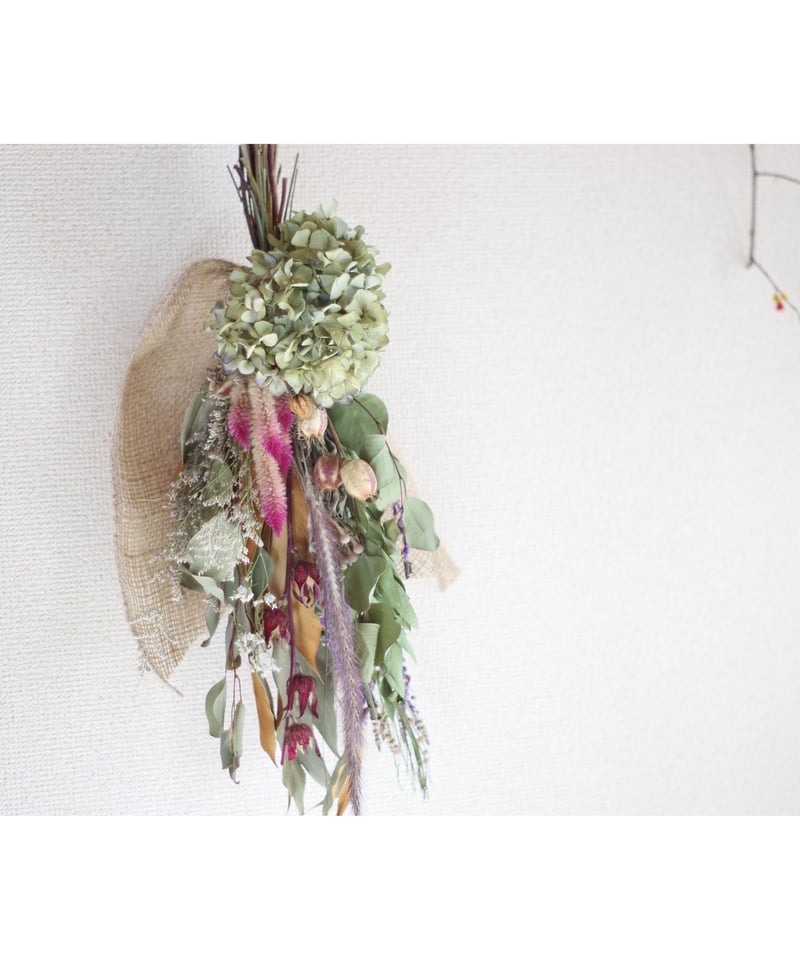 アジサイとケイトウと秋色グラスの秋感たっぷりの素朴なドライフラワー