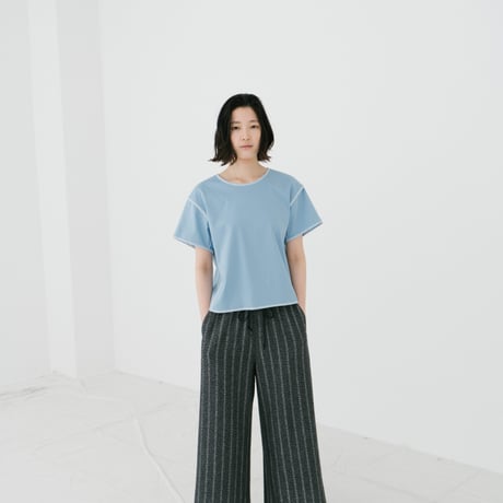 LINEN PIPING T-shirts small（ladiesM)<BLACK>