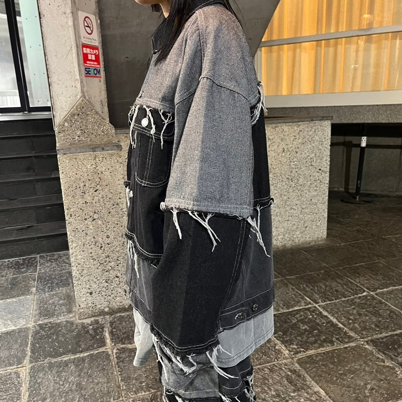 UNISEX【380373】パッチワークダメージデニムジャケット(2colors