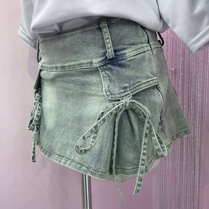 SK1464】サイドリボンローライズデニムスカート(2colors) | (me)