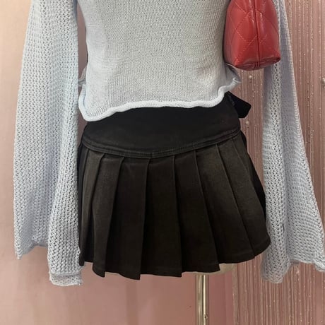 【B24424】ベルトデザインプリーツデニムスカート（ブラック）