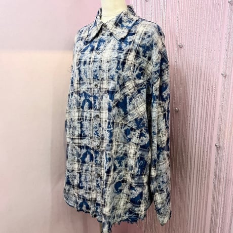 UNISEX【SK1336】ダメージ×クラッシュ チェック柄シャツ