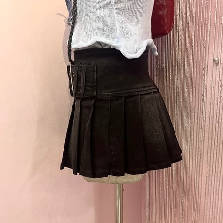 【B24424】ベルトデザインプリーツデニムスカート（ブラック）