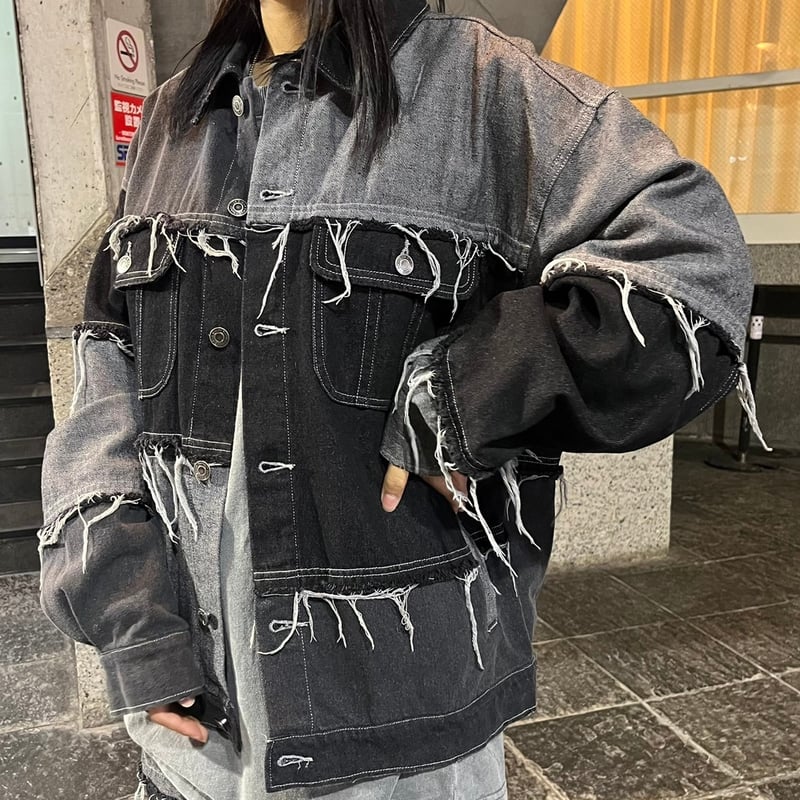 UNISEX【380373】パッチワークダメージデニムジャケット(2colors