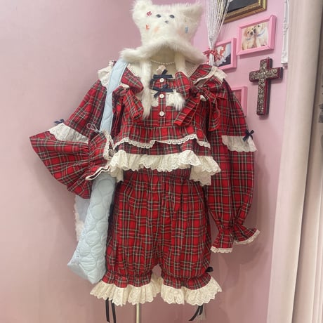 リメイクフリルリボンチェックブラウス