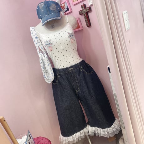 フリルレースデニムバミューダパンツ