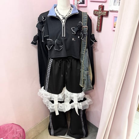 チェックラインセパレートフリルスウェットパンツ