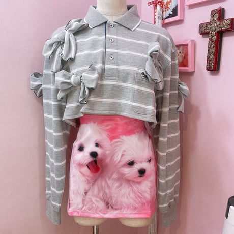 Dog刺繍リメイクリボンボーダーポロ