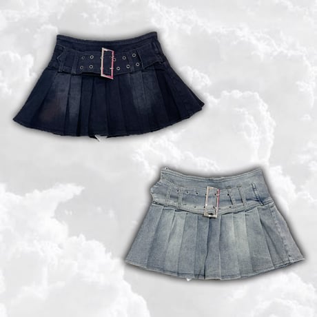 ベルトデザインプリーツ切替デニムスカート