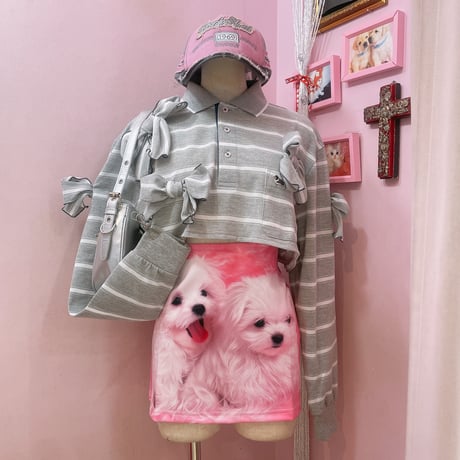 Dog刺繍リメイクリボンボーダーポロ