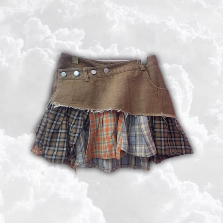 チェック切替ブラウンデニムスカート