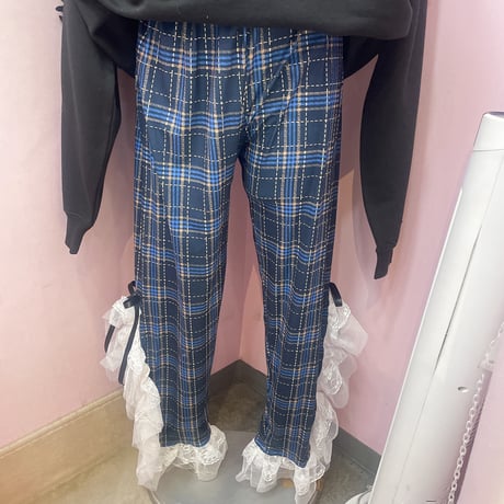 スリットレースネイビーチェックパンツ