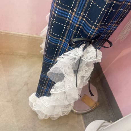 スリットレースネイビーチェックパンツ