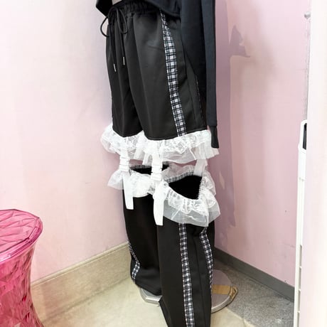 チェックラインセパレートフリルスウェットパンツ